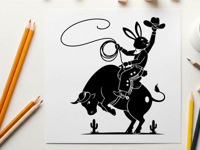 Rabbit cowboy riding bull silhouette western rodeo scene