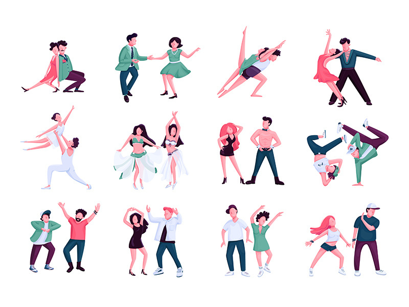 Partner dance flat color vector faceless characters set