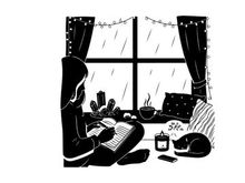 Silhouette of a person writing by a rainy window