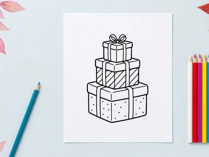 Stack of Christmas gift boxes line art illustration for holiday coloring page design