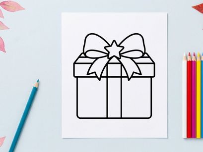 Christmas gift box icon with ribbon bow, simple black and white line art vector illustration