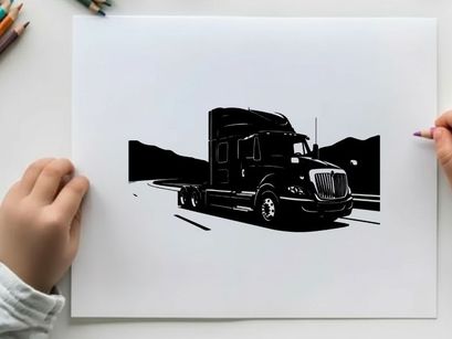 Silhouette of a semi truck on the road with mountains