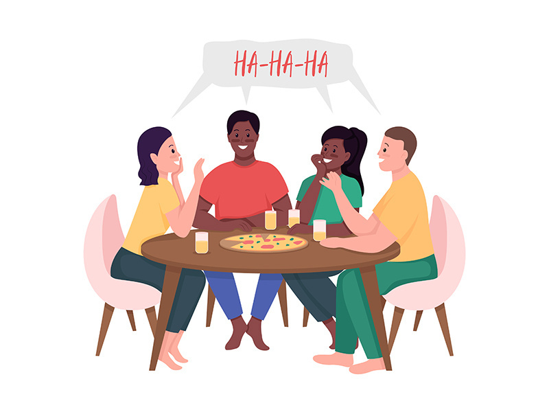 Friends meeting over pizza flat color vector detailed characters