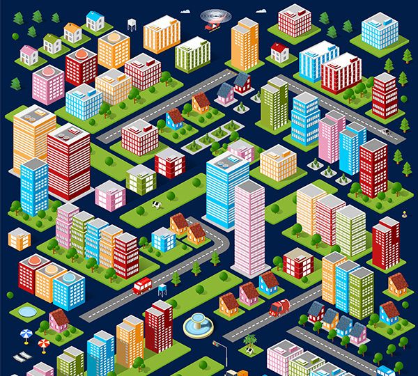 A set of urban buildings, skyscrapers, houses, supermarkets