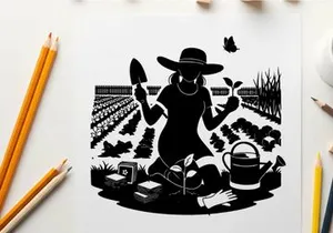 Silhouette of a person gardening in a field at sunset
