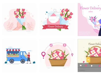 25 Flower Delivery Courier Service Online Vector Illustration