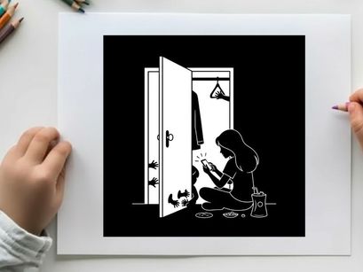 Silhouette of a woman sitting in front of an open closet