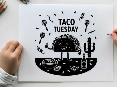 Taco tuesday silhouette graphic with festive maracas and food