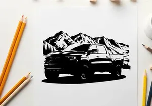 Silhouette of a pickup truck in front of snowy mountains