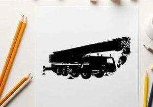 Silhouette of a large truck mounted crane vehicle
