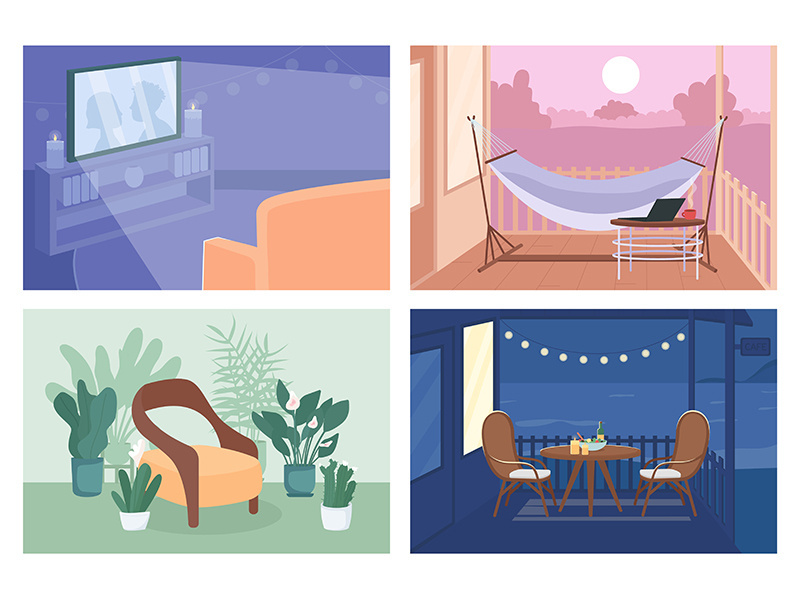 Home recreation flat color vector illustration set