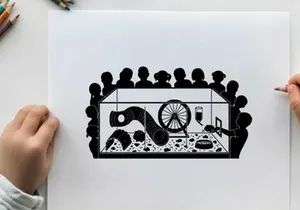 Silhouette of people watching a machine in a glass case silhouette