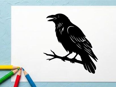 Black Crow Silhouette Perched on Branch for Nature and Bird Themes