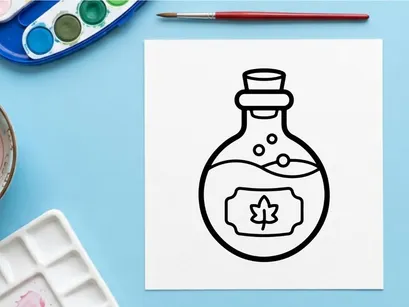 Hand-drawn Halloween potion bottle with magic symbol. Vintage sketch of mystical elixir jar for witch spells and fantasy decor.