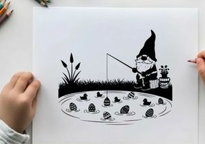 Gnome silhouette fishing for snails in a serene pond environment silhouette