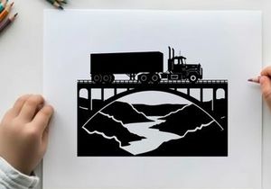 Truck silhouette crossing bridge over river with mountains silhouette