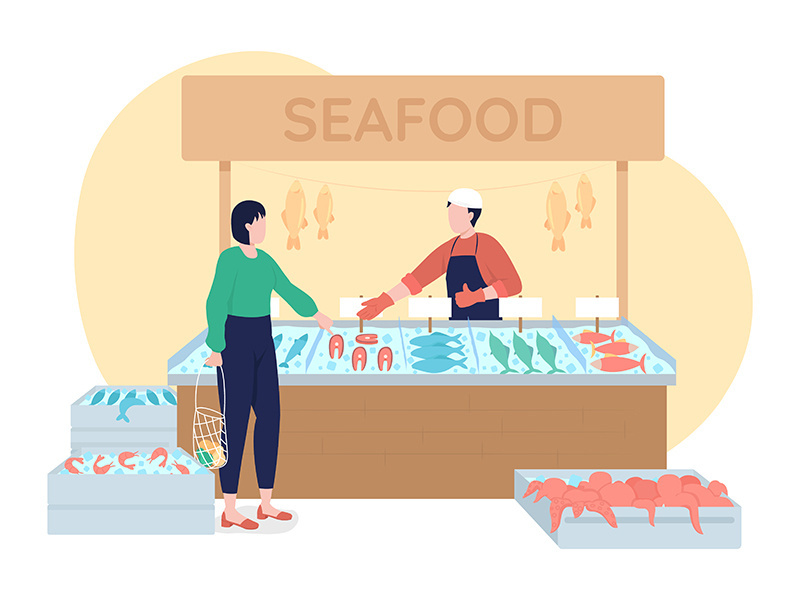 Seafood stall with frozen production 2D vector isolated illustration