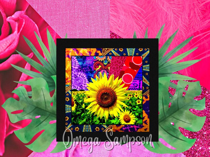 Sunflower in a Sunflower Field with Trippy Colorful Retro Patchwork Background & Border DIGITAL Printable Downloadable Wall Art Flower Art