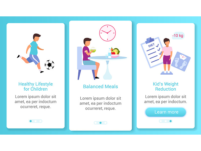 Healthy lifestyle for children onboarding mobile app screen vector template