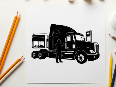 Silhouette of a man standing beside a large semi truck
