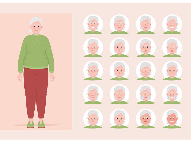 Old woman moods variations semi flat color character emotions set