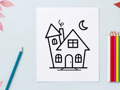 Hand-drawn minimalist house sketch with chimney and moon. Simple line art home illustration for real estate or architecture design.