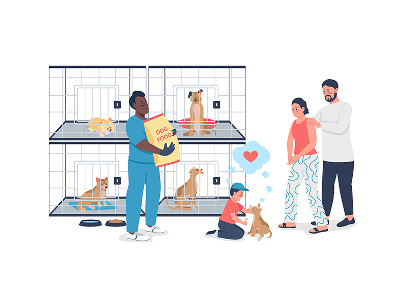 Family adopting dog from rescue shelter flat color vector detailed character