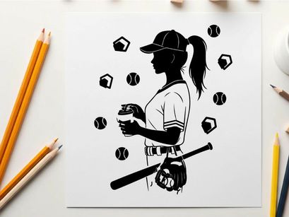Silhouette of a female baseball player in action