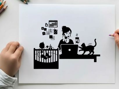 Silhouette of woman working with cat and baby nearby