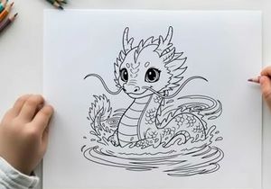 Cute cartoon dragon swimming in water vector illustration
