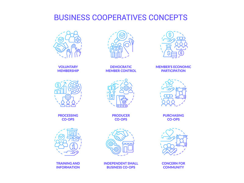 Business cooperatives blue gradient concept icons set