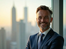 A smiling confident businessman stands with crossed arms in front of a city skyline.