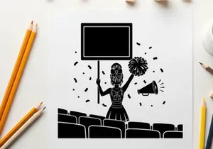 Cheerleader silhouette holding sign and pom pom in stadium