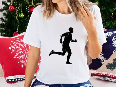 A silhouette of a man running in athletic wear on a white background