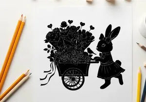 Silhouette of a rabbit pushing a flower cart with bouquet