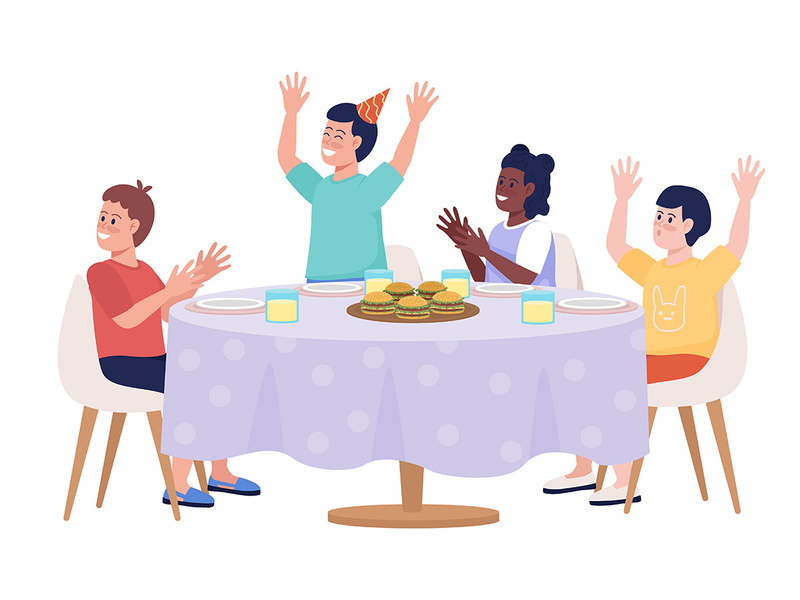 Happy kids at dining table semi flat color vector characters
