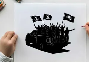Silhouette of people celebrating on a car with flags