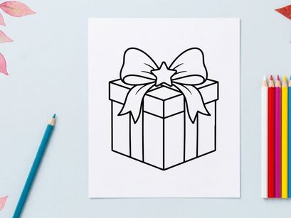 Weihnachtsgeschenkbox mit Stern-Schleifen-Symbol, einfache schwarze und weiße Strichkunst-Vektorgrafik