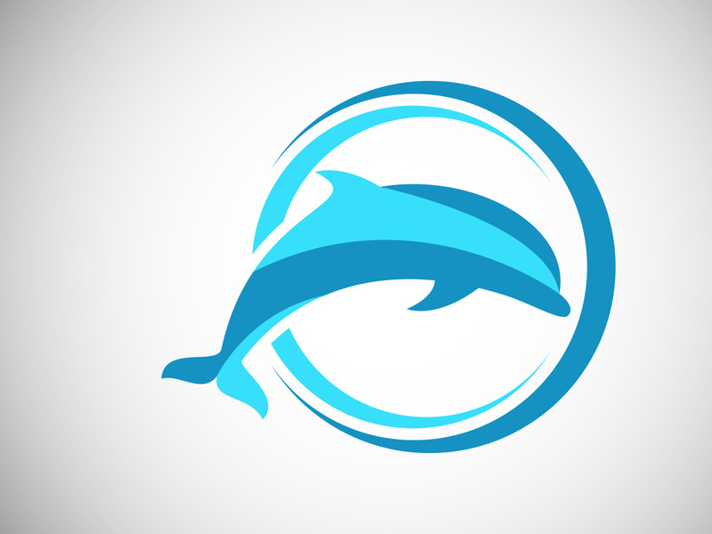 Dolphin in a circle. Fish logo design template. Seafood restaurant shop Logotype concept icon.