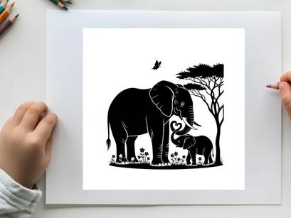 Elephant silhouette with baby and tree landscape