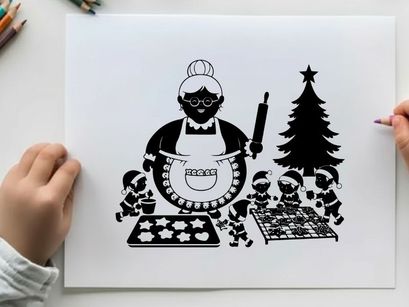 Black woman baking christmas cookies with silhouette tree