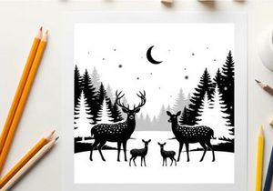 Deer family silhouette under moonlit night sky with pine trees
