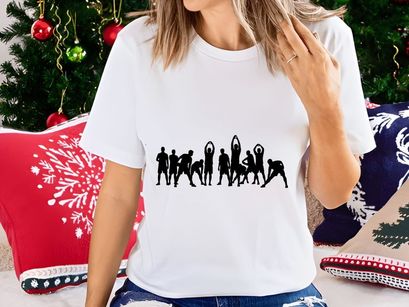 Group of people practicing yoga in various poses in a line