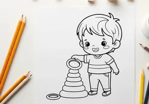 Cute child playing with stacking rings vector illustration