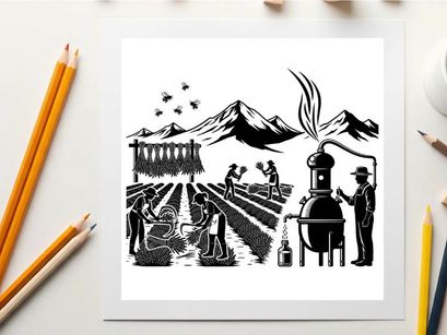 Silhouette of people working on a farm with mountains and a still