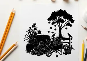 Silhouette of wheelbarrow and tree with birds