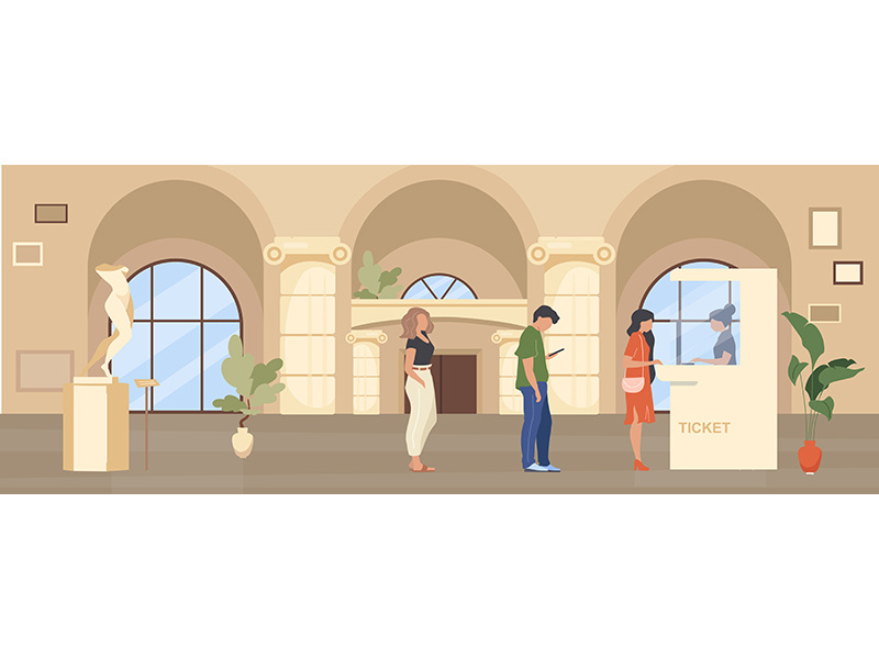 Queue to museum ticket booth flat color vector illustration
