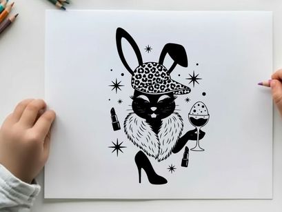 Silhouette of a stylish bunny in a hat and high heels