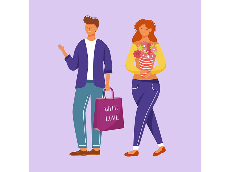 Happy man and woman with presents flat vector illustration