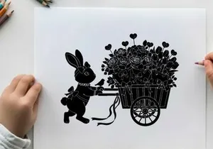 Silhouette of a bunny pushing a flower cart with heart shaped blooms